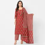 Women’s Pure Cotton Printed Straight Kurti with Pant and Dupatta Set – Red Ethnic Wear