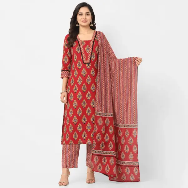 Women’s Pure Cotton Printed Straight Kurti with Pant and Dupatta Set – Red Ethnic Wear